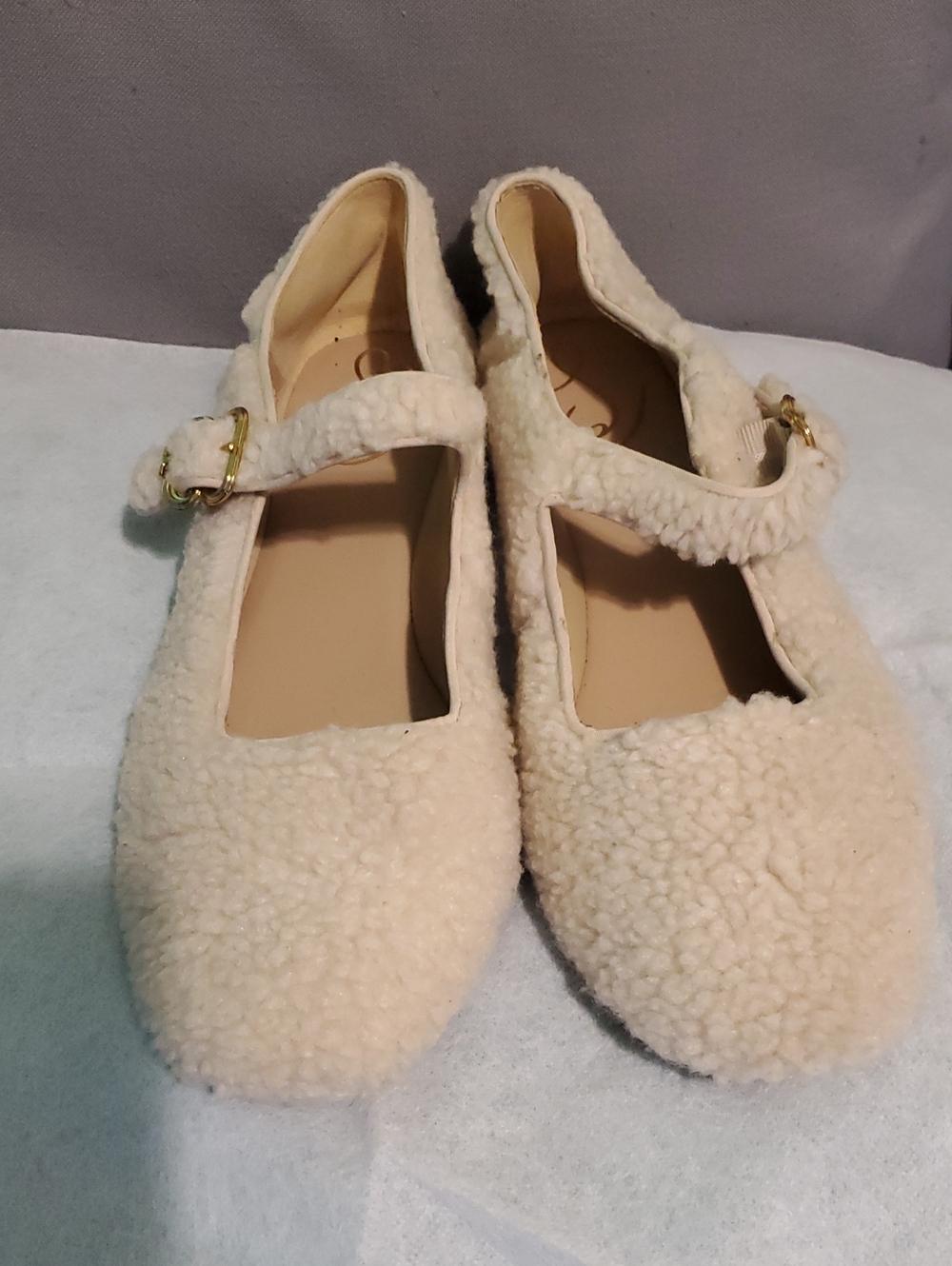 Sam Edelman Cream Sherpa Mary Jane Flats with Gold Buckle